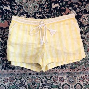 Yellow & white striped linen shorts w/ tassel tie